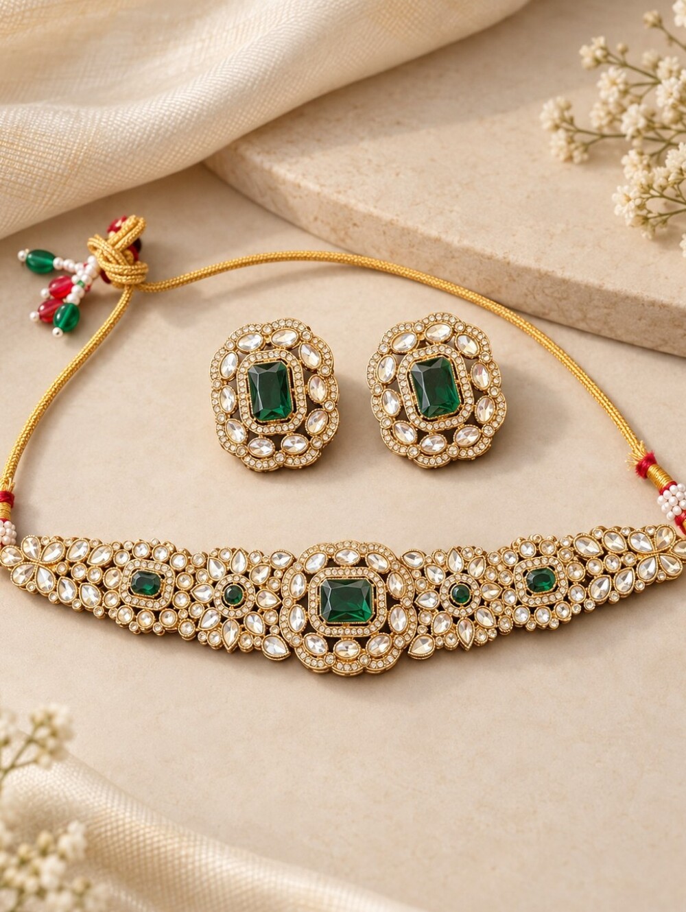 Emerald Green Kundan Choker Necklace & Earrings Set | Indian Jewelry